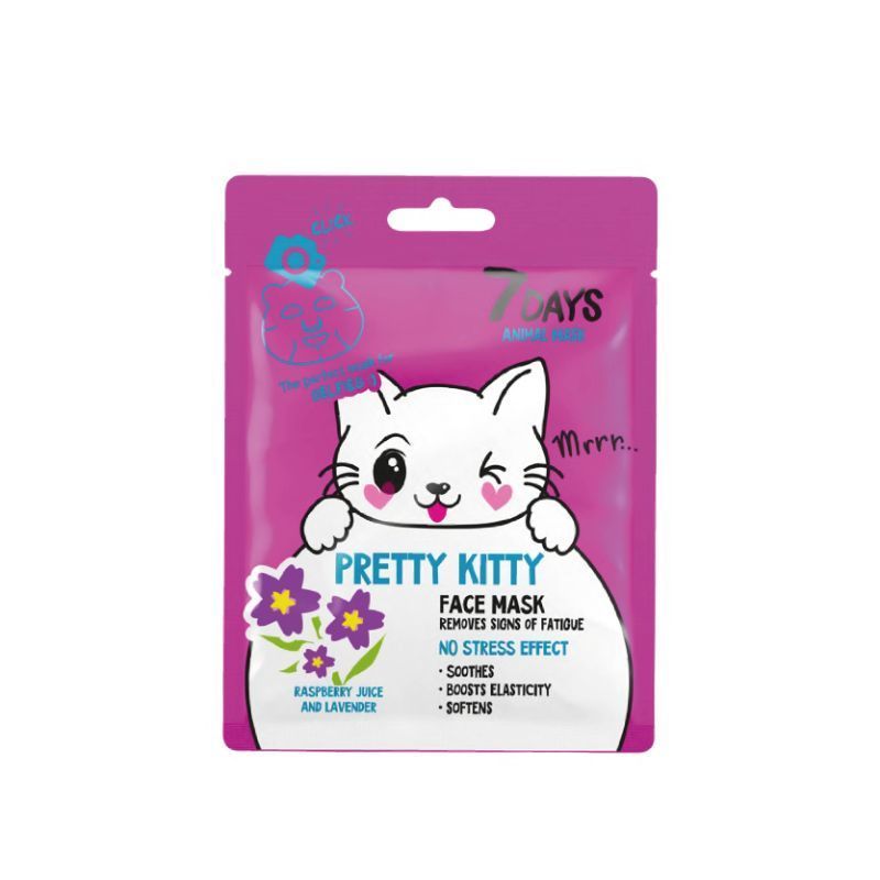 7 DAYS ANIMAL MASK FACE MASK PRETTY KITTY REMOVES SIGNS OF TIREDNESS WITH RASPBERRY JUICE AND LAVENDER, 28 G